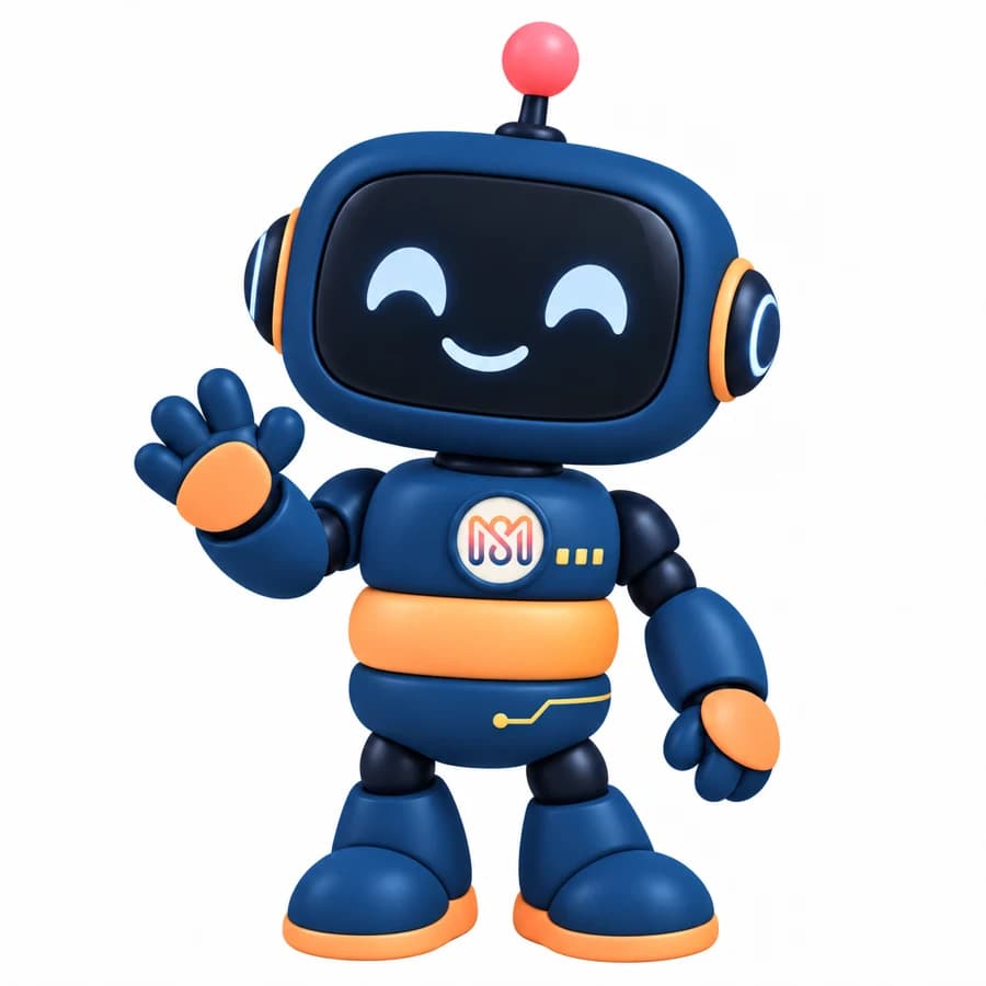 StackM, our navy and orange robot mascot, smiling and waving